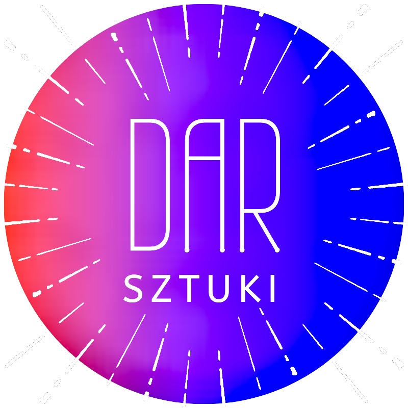 logo fundacji DAR Sztuki, napis na tle zorzy w kolorach od różu przez fiolet do kobaltu